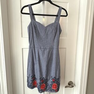Mi Ami Blue Chambray Floral Embroidered Mini Dress Womens Medium Smocked Back